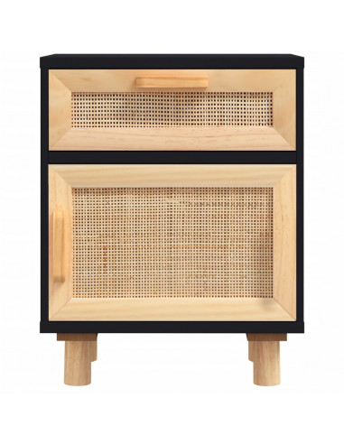 Comodino Nero in Legno Massello di Pino e Rattan Naturale