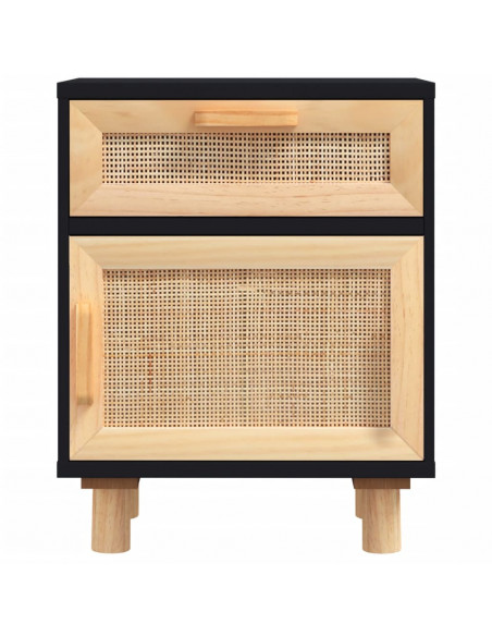 Comodino Nero in Legno Massello di Pino e Rattan Naturale
