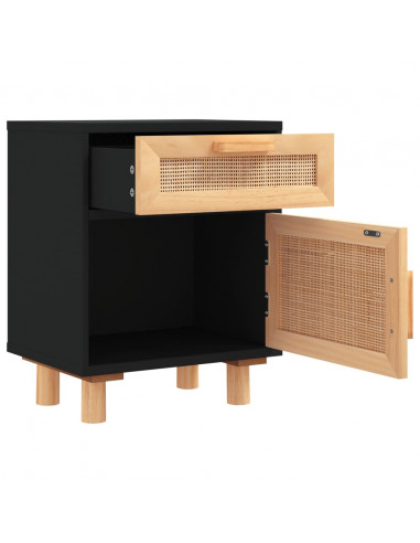 Comodino Nero in Legno Massello di Pino e Rattan Naturale