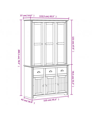 Credenza BODO 115,5x43x200,5 cm Massello Pino Bianco e Marrone