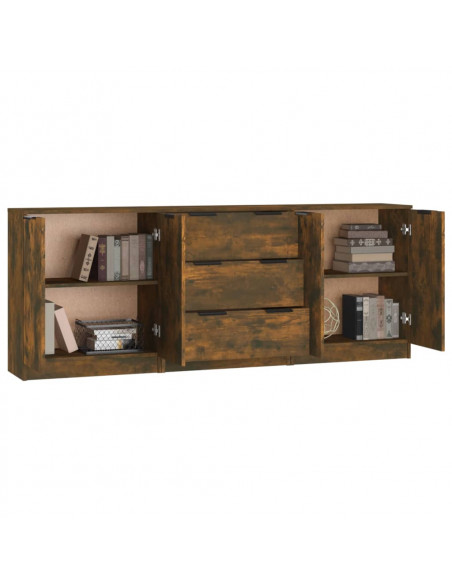 Credenze 3 pz Rovere Fumo in Legno Multistrato