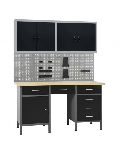 Banco da Lavoro con 4 Pannelli a Parete e 2 Armadietti