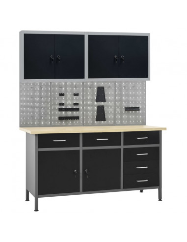 Banco da Lavoro con 4 Pannelli a Parete e 2 Armadietti