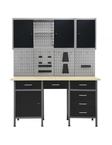 Banco da Lavoro con 4 Pannelli a Parete e 2 Armadietti