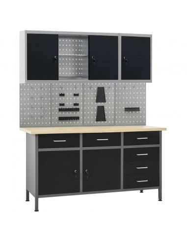 Banco da Lavoro con 4 Pannelli a Parete e 2 Armadietti