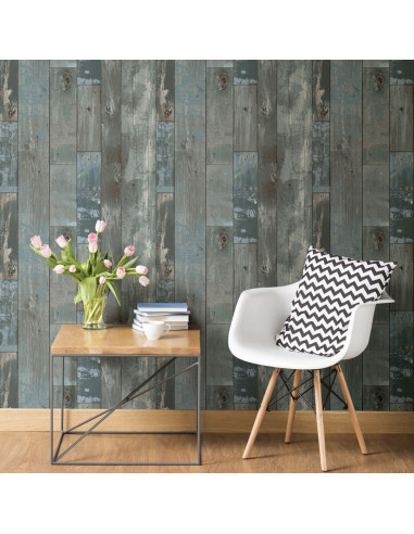 DUTCH WALLCOVERINGS Carta da Parati Legno Scartato Grigio-blu