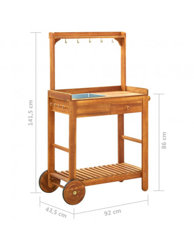 Carrello da Cucina da Giardino in Acacia 92x43,5x141,5 cm