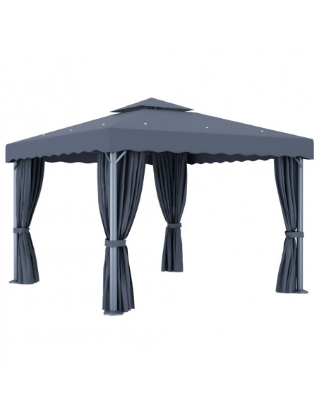 Gazebo con Tende e Stringa di Luci LED 3x3 m Antracite