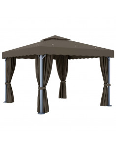 Gazebo con Tende e Stringa di Luci LED 3x3 m Grigio Talpa