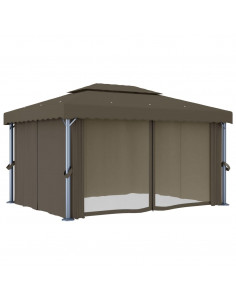 Gazebo con Tende e Stringa di Luci LED 4x3 m Grigio Talpa