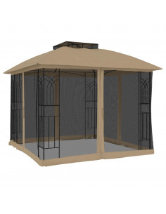 Gazebo con Tetto Doppio/Pareti Rete Tortora 2,94x2,94 m Acciaio