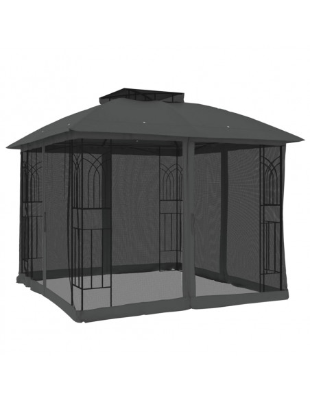 Gazebo Tetto Doppio e Pareti Rete Antracite 2,94x2,94 m Acciaio