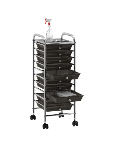 Carrello Portaoggetti Mobile con 10 Cassetti Nero in Plastica