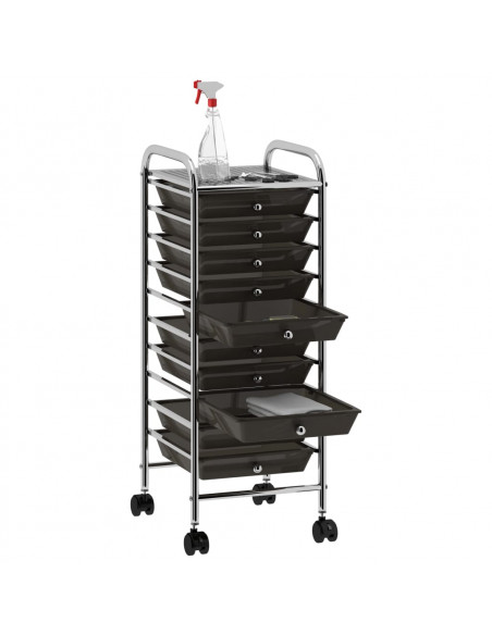 Carrello Portaoggetti Mobile con 10 Cassetti Nero in Plastica