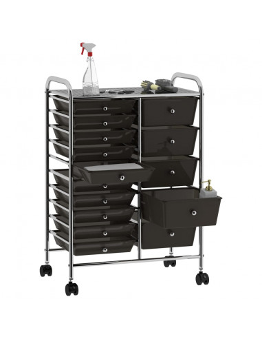 Carrello Portaoggetti XXL con 15 Cassetti Nero in Plastica