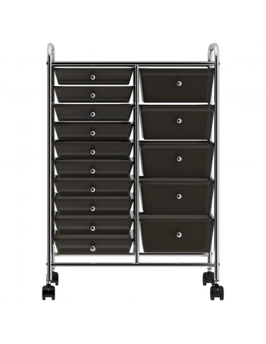 Carrello Portaoggetti XXL con 15 Cassetti Nero in Plastica
