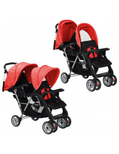 Passeggino Gemellare a Tandem in Acciaio Rosso e Nero