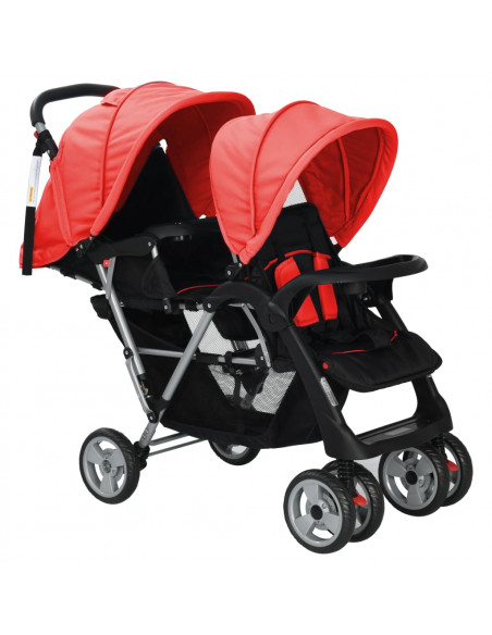 Passeggino Gemellare a Tandem in Acciaio Rosso e Nero