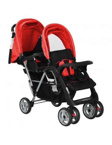 Passeggino Gemellare a Tandem in Acciaio Rosso e Nero