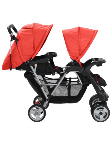 Passeggino Gemellare a Tandem in Acciaio Rosso e Nero