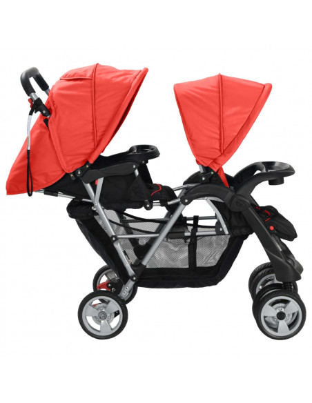 Passeggino Gemellare a Tandem in Acciaio Rosso e Nero