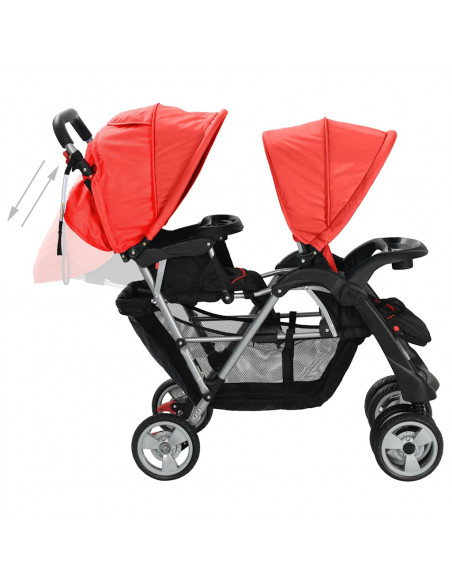 Passeggino Gemellare a Tandem in Acciaio Rosso e Nero