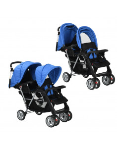 Passeggino Gemellare a Tandem in Acciaio Blu e Nero