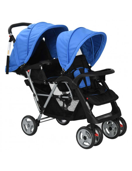 Passeggino Gemellare a Tandem in Acciaio Blu e Nero