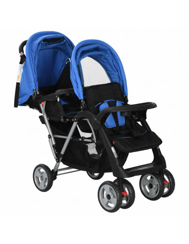 Passeggino Gemellare a Tandem in Acciaio Blu e Nero
