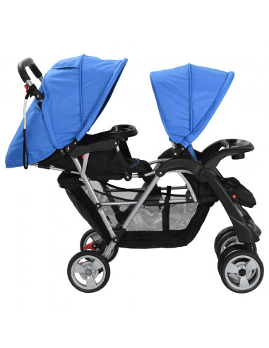 Passeggino Gemellare a Tandem in Acciaio Blu e Nero