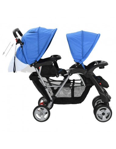 Passeggino Gemellare a Tandem in Acciaio Blu e Nero