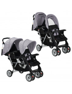 Passeggino Gemellare a Tandem in Acciaio Grigio e Nero
