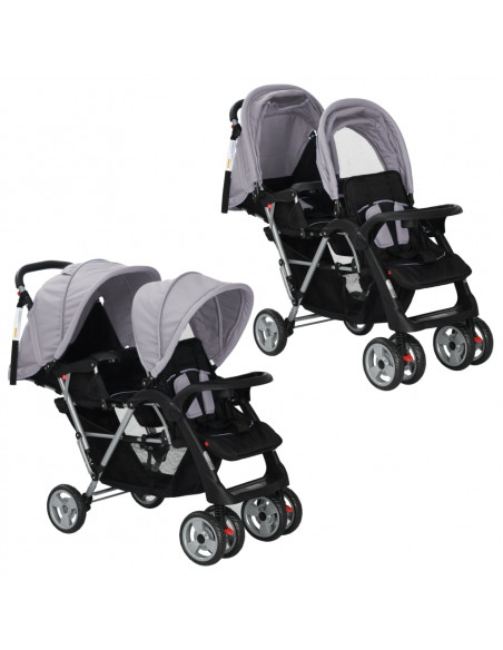 Passeggino Gemellare a Tandem in Acciaio Grigio e Nero