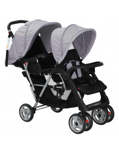 Passeggino Gemellare a Tandem in Acciaio Grigio e Nero 2