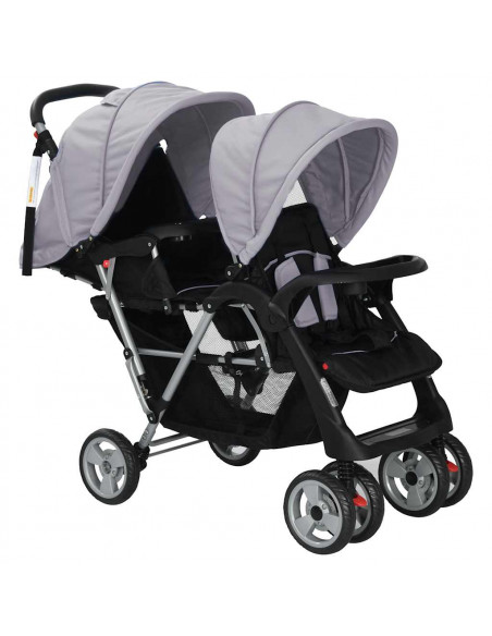 Passeggino Gemellare a Tandem in Acciaio Grigio e Nero