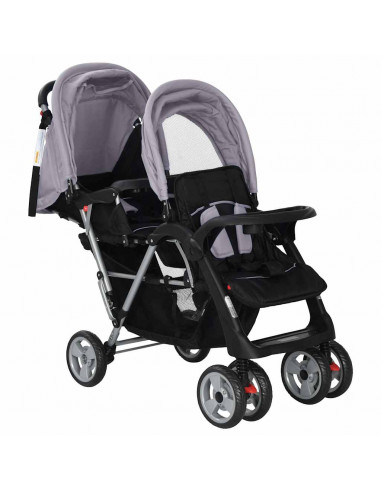 Passeggino Gemellare a Tandem in Acciaio Grigio e Nero