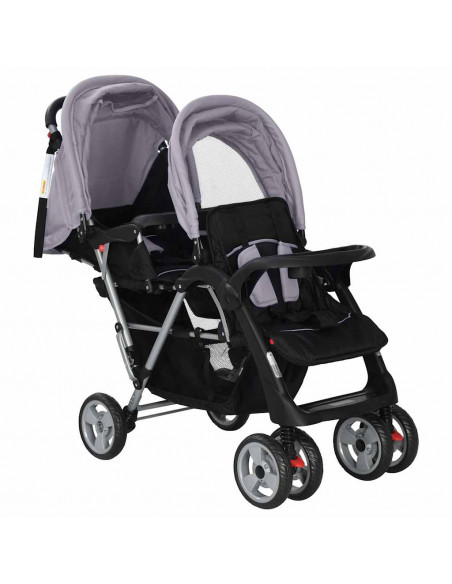 Passeggino Gemellare a Tandem in Acciaio Grigio e Nero