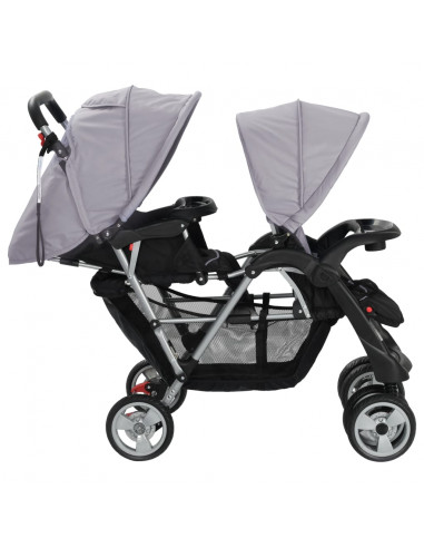 Passeggino Gemellare a Tandem in Acciaio Grigio e Nero
