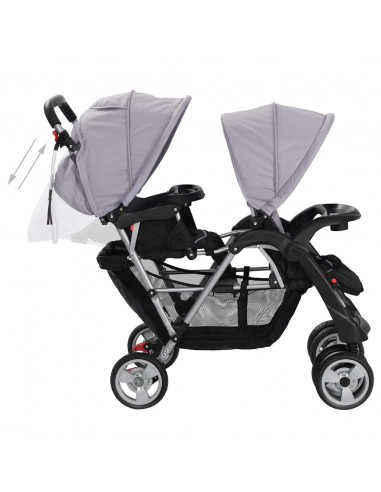 Passeggino Gemellare a Tandem in Acciaio Grigio e Nero