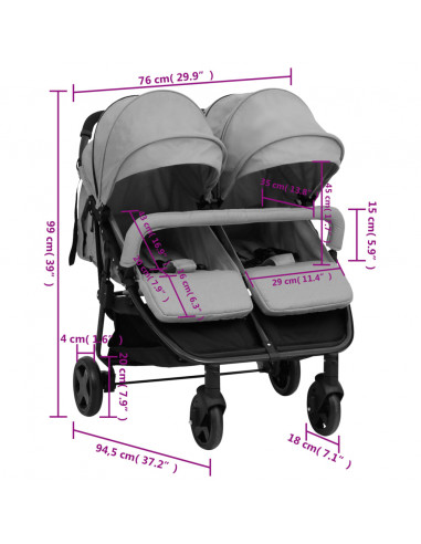 Passeggino Gemellare Grigio Chiaro e Nero in Acciaio