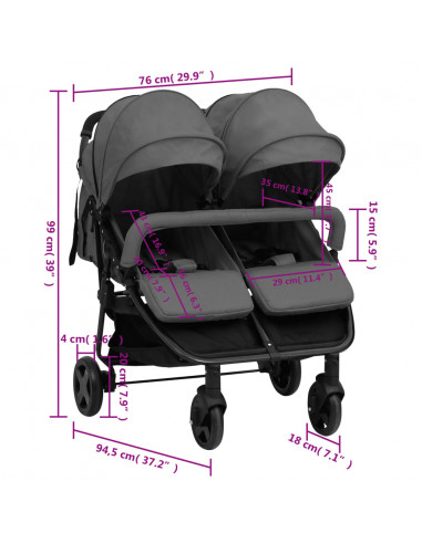 Passeggino Gemellare Grigio Scuro e Nero in Acciaio