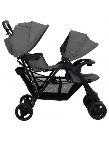 Passeggino Gemellare a Tandem Grigio Scuro in Acciaio