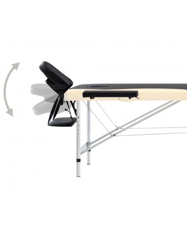 Lettino Massaggio Pieghevole 2 Zone in Alluminio Nero e Beige