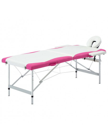 Lettino Massaggio Pieghevole 2 Zone in Alluminio Bianco e Rosa