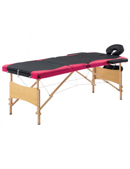 Lettino Massaggio Pieghevole a 3 Sezioni Legno Nero e Rosa