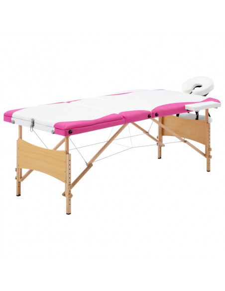 Lettino Massaggio Pieghevole a 3 Sezioni Legno Bianco e Rosa