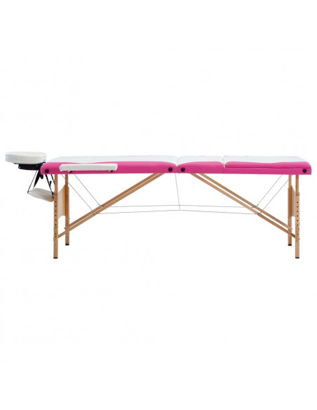 Lettino Massaggio Pieghevole a 3 Sezioni Legno Bianco e Rosa