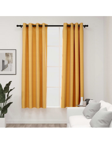 Tende Oscuranti Effetto Lino con Occhielli 2pz Gialle 140x175cm