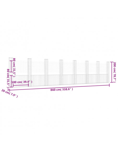 Gabbione a U con 8 Pali in Ferro 860x20x200 cm