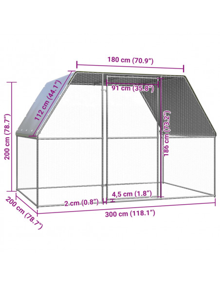 Gabbia per Polli Argento e Grigio 3x2x2 m in Acciaio Zincato